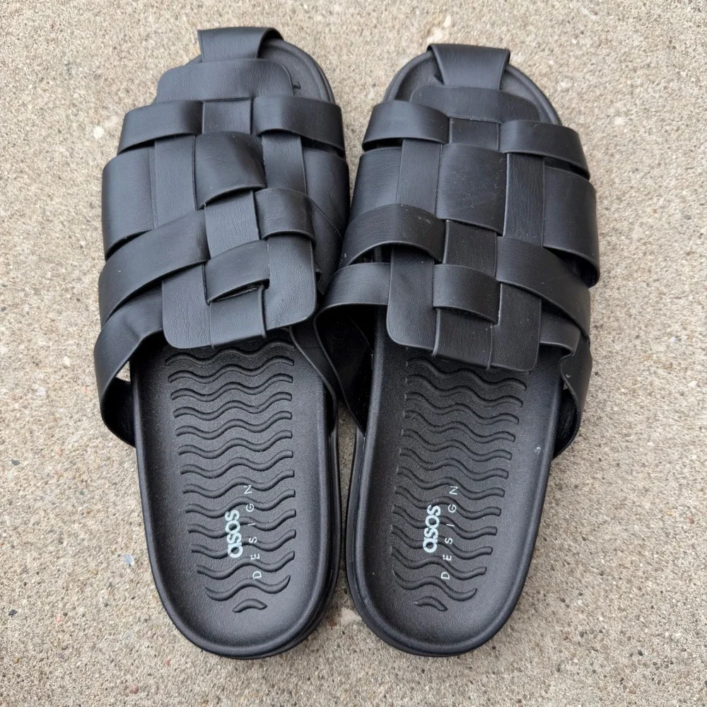 ASOS DESIGN Mens Black Woven Basketweave Slides Sandals US 12 EU 46 NEW